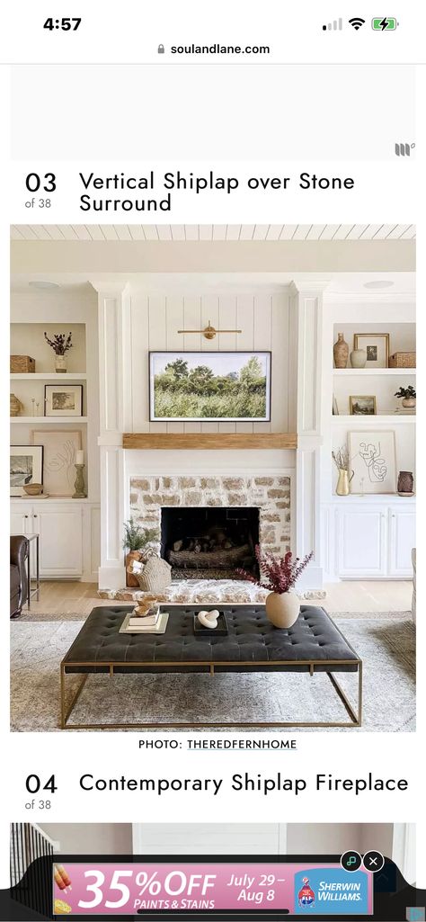 Woodwork Above Fireplace, Florida Fireplace Ideas, Vertical Shiplap Above Fireplace, Fireplace Vertical Shiplap, Stained Shiplap Fireplace, Shiplap And Stone Fireplace, Vertical Shiplap Fireplace, Fireplace With Windows On Each Side, Fireplace Shiplap