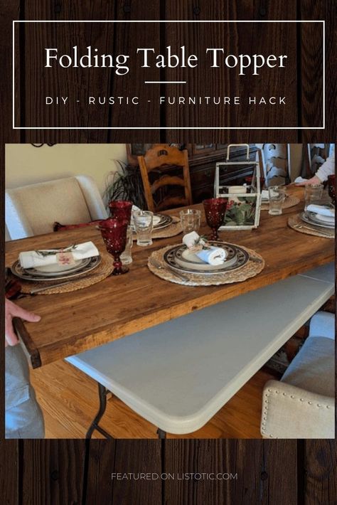 Easy DIY tutorial to upcycle an ordinary old folding table in to a charming rustic wood folding table topper. Perfect for extra seating in the dining room table or for a large celebration like a wedding, thanksgiving or kids birthday party. Rustic reusable diy folding table makeover adds elegance and comfort in the place of a boring folding table and disposable plastic table cloth. #diyfoldingtable #diy #rusticdecor #farmhousedecor #partytime #partydecor #parties #thanksgiving #familytable Wood Table Cover Diy, Wood Table Topper Diy, Wooden Table Cover, Wood Table Cloth, How To Add Extra Seating To Dining Table, Wood Table Topper, Folding Table Wood Cover, Foldable Dining Table Diy, Folding Table Topper Diy