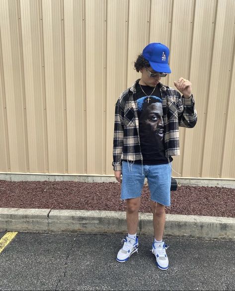 Aj 4 Outfit, Jordan 4 Outfit Men Shorts, Mens Jordan 3 Outfit, Jordan 4 Summer Outfit Men, Jordan 4 Motorsport Outfit Men, Flannel And Jorts Men, Industrial Blue Jordan 4 Outfit, Jordan 4 Military Blue Outfit Men, How To Style Jorts Men