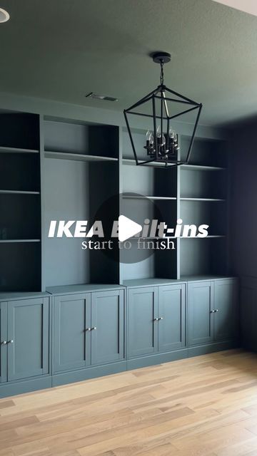 L Shaped Built In Cabinets, Back Of Built Ins Painted, Built In Tall Ceiling, Vaulted Ceiling Bookshelves, Havsta Billy Hack, Billy Bookcase Laundry Room, Ikea Shelving Hacks, Kallax Built In Hack, Ikea Hack Built In Bookcase