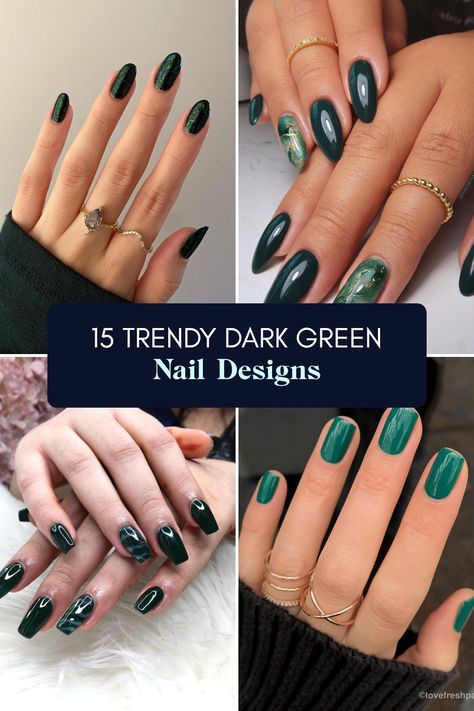 Explore 15 fashionable dark green nail designs featuring glossy and matte finishes. This pin showcases four images of stunning manicures that'll inspire your next nail art. Perfect for everyday wear or special occasions! Green Chrome Nails Almond, Dark Green Manicure, Ombre Nails Green, Green Manicure Ideas, Dark Green And Gold Nails, Dark Green Nail Designs, Dark Green Nail, Green Manicure, Emerald Nails