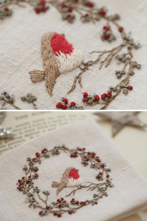 Robin Embroidery Pattern, Scandinavian Christmas Embroidery, Christmas Wreaths Embroidery, Christmas Hand Embroidery Ideas, Small Christmas Embroidery, Embroidery Ornaments Diy, Simple Christmas Embroidery, Christmas Hand Embroidery Patterns, Vintage Christmas Embroidery