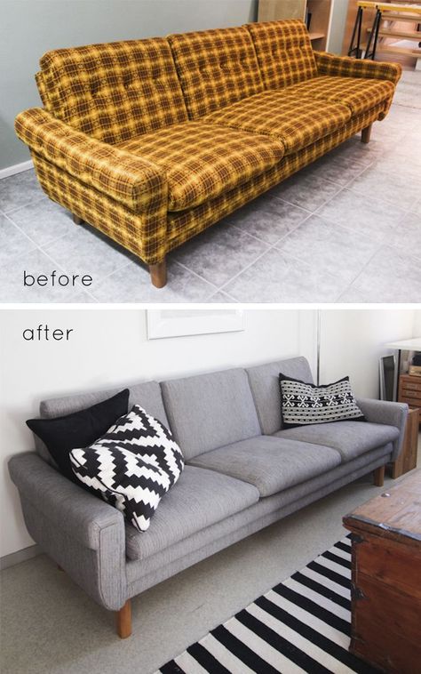 Reupholster Couch, Couch Makeover, Sofa Retro, Koti Diy, Reupholster Chair Dining, Sofa Makeover, Reupholster Furniture, Old Sofa, Retro Sofa