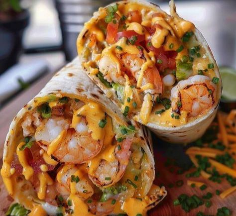 Lobster Burrito Recipe, Easy Shrimp Burrito, Steak And Shrimp Burrito Recipe, Old Bay Shrimp Burritos, Seafood Burrito Recipe, Nachos Shrimp, Seafood Burrito, Shrimp Burrito Recipe, Shrimp Pita