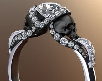 Black Viper Skull Ring with Half ct Center by FiorellabyAdamFoster Black Skull Ring, Rings Skull, Gothic Wedding Rings, Skull Wedding Ring, Gothic Engagement Ring, Skull Engagement Ring, Sterling Silver Skull Rings, Victorian Engagement Rings, Silver Skull Ring