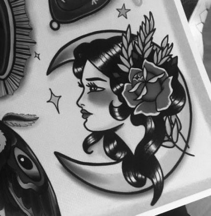 Black White Tattoo Ideas, Traditional Forearm Tattoo Black, Moon And Women Tattoo, Moon Tattoo Trad, American Traditional Tattoos Moon, American Trad Moon Tattoo, American Tradition Moon Tattoo, Traditional Tattoo Of Woman, Black And White Neo Traditional Tattoo