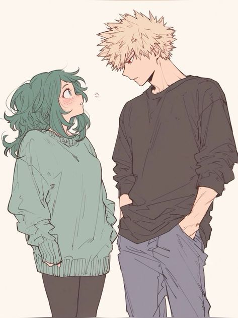 Basic Anime Poses11 Anime characters in a warm interaction, one with green hair in a sweater, the other with spiky blond hair in a black shirt. | Sky Rye Design Bkdk Genderbend, Fem Izuku X Katsuki, Female Izuku Midoriya X Bakugo, Bakugo X Female Deku, Fem Bakugou X Deku, Deku As A Girl, Female Deku X Kacchan, Fem Deku X Kacchan, Deku Genderbend