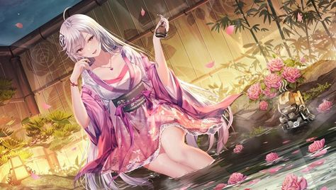 Hot Spring Anime, Anime Silver Hair, Long Hair Japanese, Silver Hair Long, Spring Anime, Hair Artwork, Rare Gallery Wallpaper, Japanese Clothes, Gallery Wallpaper