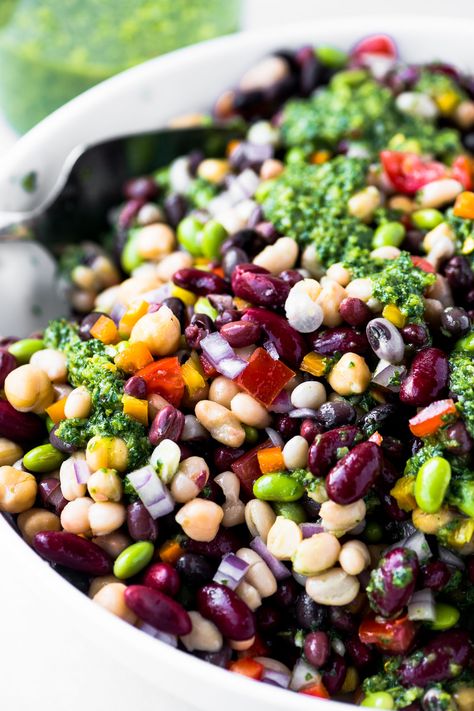 7 Bean Salad with Chimichurri Dressing ~ why should steak get all the perks?  My healthy bean salad takes full advantage of the jolt of flavor from this garlicky herb sauce. #easy #recipe #beans #legumes #salad #healthy #highfiber #glutenfree #vegan #vegetarian #potluck #sidedish 6 Bean Salad Recipes, High Protein Bean Salad, Legumes Salad, Violet Cooks, Healthy Bean Salad, Vegetarian Potluck, Chimichurri Dressing, Corn And Bean Salad, Bean Salad Healthy