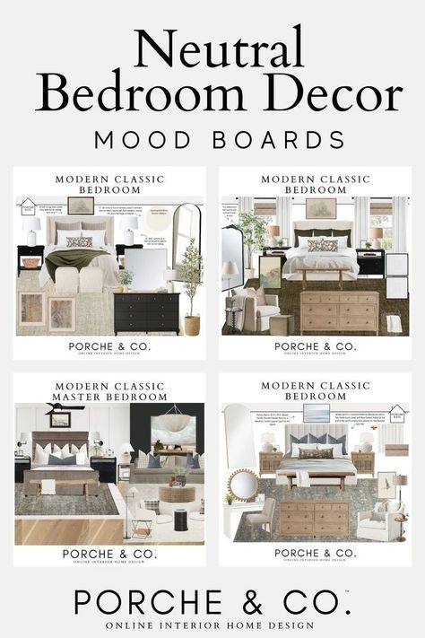 In our blog post, we are sharing the latest trends and bedroom decor inspiration mood board designs. Learn how to integrate classic bedroom styles into your cozy bedroom decor. Visit the Porche & Co. blog to learn more about bedroom designs and other room decor updates with modern classic home decor styles. Modern Classic Bedroom Design, Cozy Bedroom Neutral, Modern Cozy Bedroom, Modern Classic Bedroom, Decor Mood Board, Mood Board Bedroom, Bedroom Mood Board, Relaxing Spaces, Classic Bedroom Design