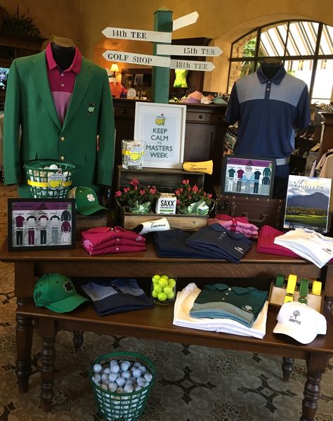 The Masters 2017 Adidas collection on display at Toscana Country Club pro shop. Where what the Adidas players are wearing at the masters. Sergio's is on the left. Pro Shop Display, Fashion Retail Interior, Golfing Tips, Visual Merchandising Fashion, Golf Pro Shop, Adidas Collection, Direction Sign, Visual Merchandising Displays, Clothing Displays