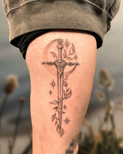 Yall may have seen this in one of my reels recently but I felt like it needed its own wee post! Love doing fantastical swords and daggers and this was no exception! Thanks again to my fabulous client 🥰🥰 #tattoo #blackwork #dotwork #fantasytattoo #swordtattoo #daggertattoo #whimsical Maching Tattoos, Lord Of The Rings Tattoo, Fantasy Tattoos, Dagger Tattoo, Ring Tattoos, Women Legs, Blackwork Tattoo, Leg Tattoos, The Rings