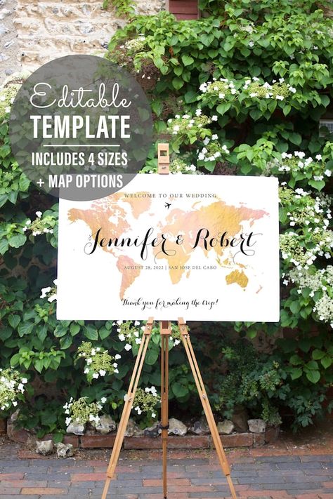 Map Welcome Sign for Weddings and Events DIY Custom Template | Etsy France Travel Theme Welcome Sign, Travel Theme Wedding Centerpieces, Black Champagne Wedding, Event Template, Travel Theme Wedding, Travel Theme, Watercolor Map, Welcome To Our Wedding, Custom Templates