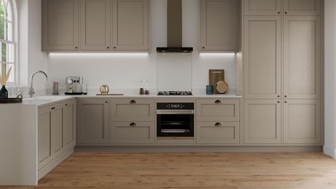 Chilcomb In Frame Mushroom | Howdens Mushroom Coloured Kitchen, In Frame Kitchen, Shaker Drawer Fronts, Villa Kitchen, Shaker Interior, Howdens Kitchens, Frame Kitchen, Shaker Design, Mdf Doors