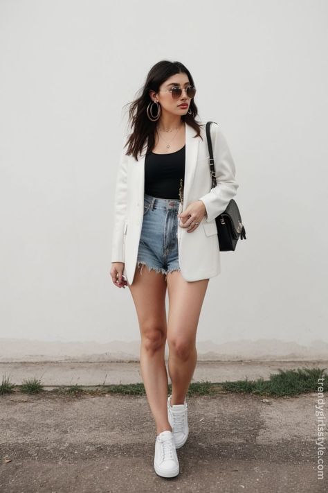 Trendy and Edgy in an Oversized Blazer with Crop Top and High-Waisted Shorts #BlazerOutfits #ConfidenceBoost #FashionInspiration #WomenStyle #ChicLooks Blazer And Shorts Outfit, Blazer Outfits For Women, Red Blazer, Blazer And Shorts, Oversized Blazer, Blazer Outfits, Black Jumpsuit, High Waisted Shorts, Short Outfits