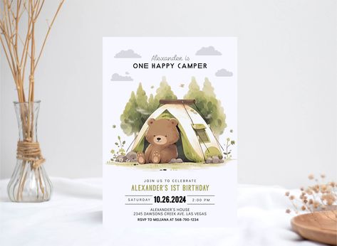 One Happy Camper First Birthday Invitation, Forest Camping Boy 1st Birthday Party, Editable Printable Templates Digital Download Corjl One Happy Camper First Birthday, E Invitations, Forest Camping, One Happy Camper, Kids Birthday Party Ideas, Ideas Baby Shower, First Birthday Invitations, Party Entertainment, Baby Shower Balloons