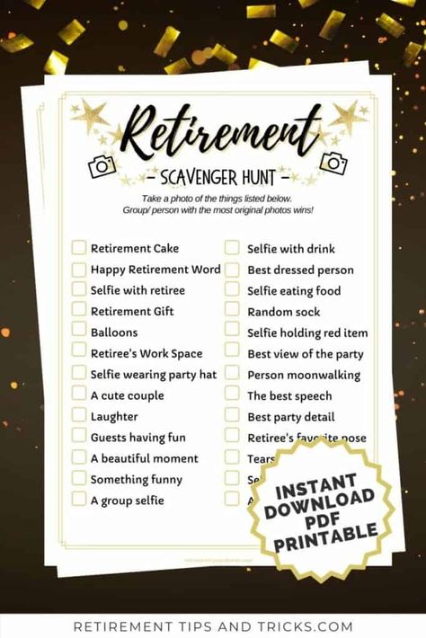 Retirement Party Games, Retirement Games, Retirement Party Cakes, Scavenger Hunt Party, Party Timeline, Photo Scavenger Hunt, Retirement Celebration, Best Speeches, Happy Retirement