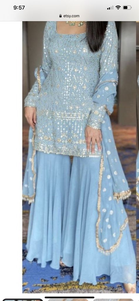 Sharara Suit Sleeves Design, Sharara Dress, Roka Ceremony Outfits For Bride, Punjabi Sharara Suits, Suit Sleeves Design, Long Skirt Top Designs, Long Skirt And Top, Sharara Designs, Trendy Suits