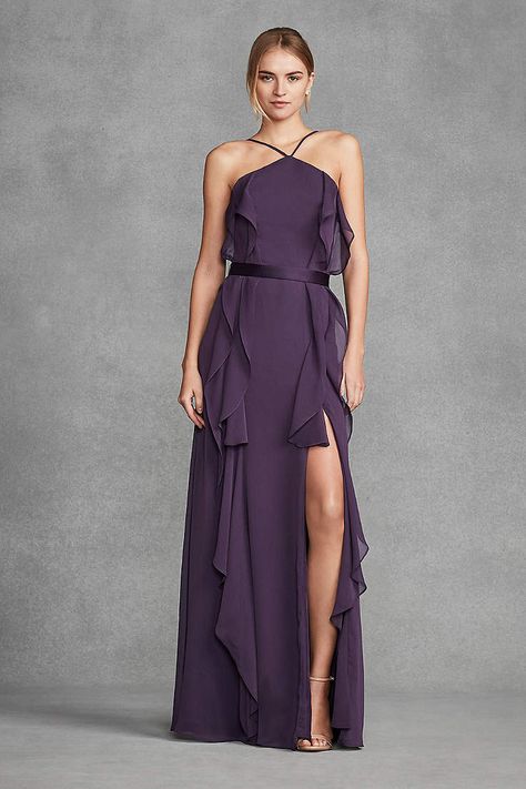 View Simple Halter High Neck Bridesmaid Dress at David's Bridal High Neck Bridesmaid Dresses, Long Purple Dress, Vera Wang Bridesmaid, Smith Wedding, Sweetheart Bridesmaids Dresses, Lilac Bridesmaid Dresses, Purple Bridesmaid, Dress Code Wedding, White By Vera Wang