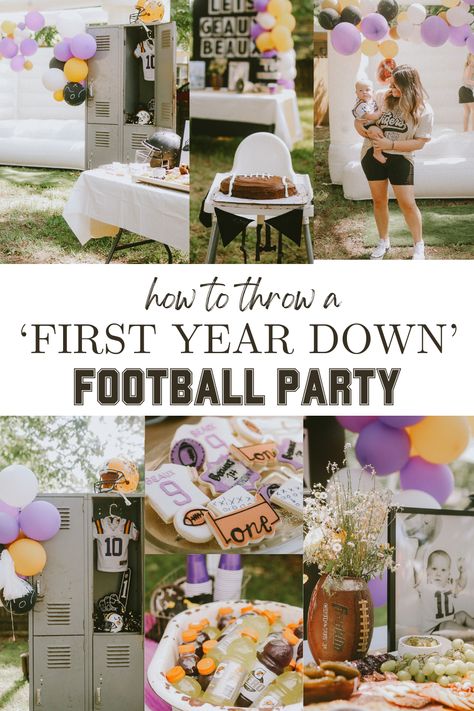 football party decorations for football first birthday Uga Football Birthday Party, One Year Old Football Party, First Down Party Favors, Ohio State First Birthday Party, Football Tailgate Birthday Party, Lsu First Birthday Party, Tailgate 1st Birthday Party, One Year Football Birthday, 1st Round Draft Pick Birthday