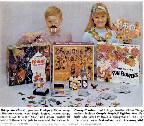 The Thingmaker: Mattel's vintage sets that let you mold Creepy Crawlers, Fun Flowers & other little toys with Plastigoop - #thingmaker #creepycrawlers #vintagetoys #plastigoop #retrotoys #1960s #clickamericana Vintage Toy Advertisements, Cartoon Maker, Vintage Pull Toys, Vintage Rubber Toys, Tinker Toys, Vintage Squeaky Toys, 1970s Toys, Creepy Crawlers, Vintage Playskool Toys