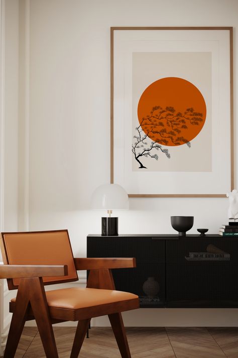 Dramatic landscape design poster print or digital download Room Design Wall, Japandi Living Room Design, Tree Branch Wall Art, Wooden House Decoration, Orange Artwork, Dramatic Landscape, Japandi Living Room, Living Room Wall Designs, Tree Branch Wall