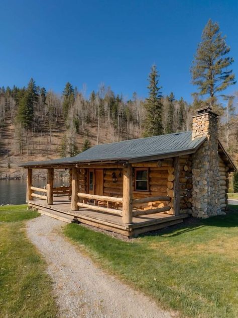 Homemade Log Cabin, Off Grid Hunting Cabin, Homestead Cabin, Mini Cabin, Building A Small House, Farm Cabin, Cabin Style Homes, Log Cabin Rustic, Log Cabin Designs