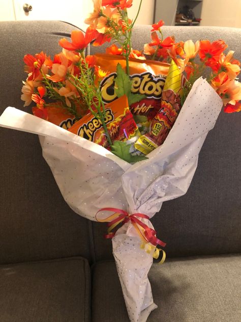 Hot Cheetos Flower Bouquet, Taco Bouquet, Food Boquets, Beauty And Beast Birthday, Food Bouquet, Flower Boquet, Valentine Days, Flaming Hot, Hot Cheetos