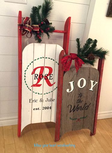 DIY vintage sleigh Christmas signs, by Follow Your Heart Woodworking, featured on Funky Junk Interiors Holiday Woodworking Projects, Woodworking Business Ideas, Christmas Sled, Woodworking Shows, Wood Crafting Tools, Carpentry Projects, Funky Junk Interiors, Popular Woodworking, Beginner Woodworking Projects