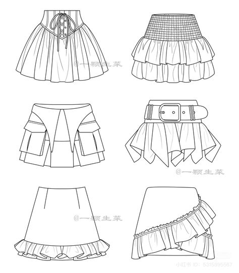 Frilly Skirt Drawing, How To Draw Ruffles On A Skirt, Puffy Skirt Drawing, Pleated Skirt Illustration, Ruffle Skirt Drawing, Bra Flat Sketch, Skirt Art Reference, Skirt Sketches Fashion Drawings, Fashion Illustration Skirt