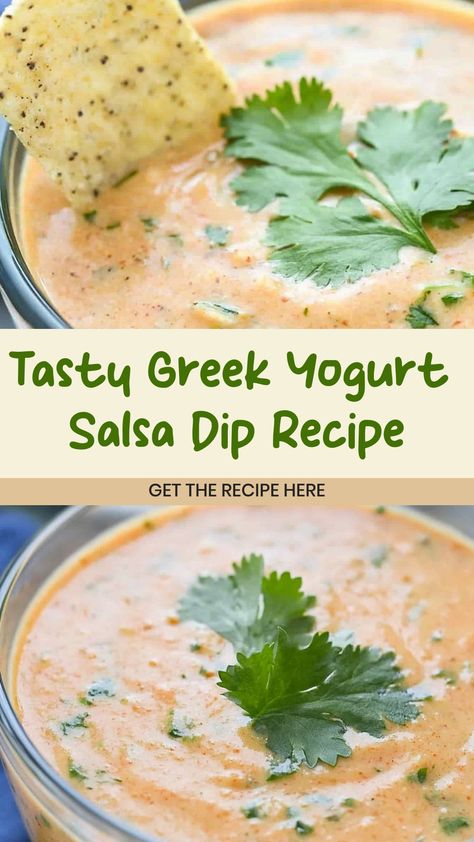 Indulge in a flavorful twist with our easy-to-make Greek yogurt salsa dip. This deliciously light and creamy dip perfectly blends the tanginess of Greek yogurt with the zesty flavors of fresh salsa. It's the ideal appetizer for your next gathering or snack time. The creamy texture of Greek yogurt adds a satisfying richness while the salsa brings a refreshing kick to every bite. Elevate your snacking experience with this simple yet delightful dip that is sure to be a crowd favorite! Greek Chicken Dip, Greek Yogurt Based Dips, Healthy Dips And Appetizers Clean Eating, Greek Yogurt Sauce For Chicken, Easy Greek Yogurt Recipes, Greek Yogurt Recipes Dinner, Yogurt Recipes Dinner, Greek Salsa Recipe, Yogurt Sauces