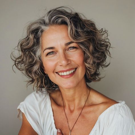 Bob Haircuts For Women With Curly Hair, Curly Bob Over 50, Wavy Bob Over 50, Wavy Gray Hair Over 50 Bob Hairstyles, Short Grey Curly Hair Natural Curls, Wavy Grey Bob, Short Loose Curly Hair, Grey Curly Hair Over 50, Short Curly Gray Hair Over 50