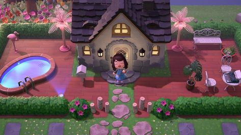 Outside House Animal Crossing, Animal Crossing My House Ideas, Backyard Animal Crossing, Animal Crossing House Yard Ideas, Animal Crossing Aesthetic House, My House Animal Crossing, Yard Ideas Animal Crossing, Animal Crossing Backyard Ideas, Animal Crossing House Inspiration