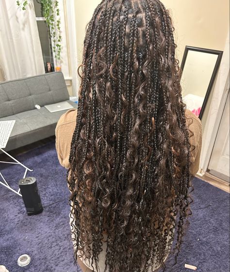 Bohemian Goddess Braids Ginger, Black Braids Brown Curls, Brown Braids Goddess, Black Boho Braids With Brown Curls, Black Goddess Braids With Brown Curls, Bohemian Braids Brown And Black, Bohohemian Braids, Boho Mermaid Box Braids, Braids With Curls Coming Out Of Them