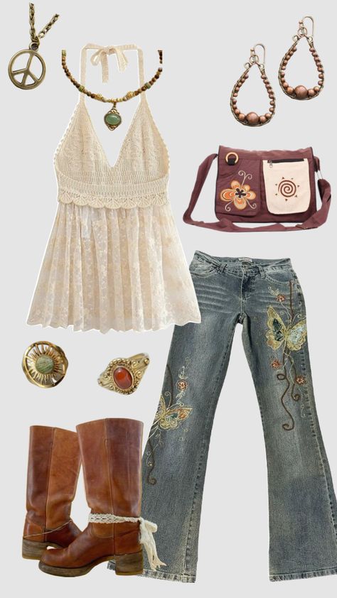 Boho 70s outfit #outfitinspo #vintage #boho #70s #70sfashion 70s Aesthetic Women, Office Boho Outfit, Y2k Boho Outfits, 2000s Boho Fashion, Boho Y2k Outfits, Girly Boho Outfits, Boho 70s Fashion, 70s Hippie Aesthetic Outfit, 70s Fall Outfits