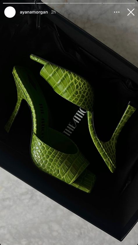 Ayana Morgan. The Attico Anais Mules. Sandals. Faux Croc Sandals. Green Heels. Shoe Box. New Shoes The Attico Shoes, Croc Sandals, Mules Sandals, Green Heels, The Attico, Shoe Box, New Shoes, Sandals, Heels