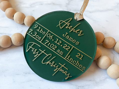 "Baby's First Christmas ornament with customized birth stats is the perfect gift for new parents! This personalized ornament is sure to be one of the most thoughtful and cherished keepsakes they will receive this year. MATERIALS: - Clear acrylic ornament, 4 inch diameter (4 inches tall and wide), 1/8 inch (3 mm) thick - Acrylic paint - Water-based sealant for paint protection - Premium permanent vinyl  - NEW: Chiffon ribbon, 1.5 inches wide (see listing photo for options) HOW TO ORDER: 1. Select