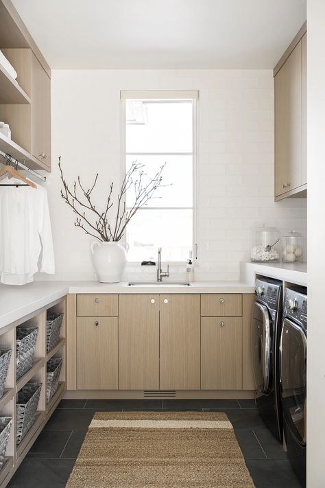 Mcgee Laundry Room, Laundry Room Addition, Grey Slate Tile, Laundry Room Organizing, Laundry Room Counter, Laundry Room Makeovers, Organization Laundry Room, Black Floor Tiles, Organization Laundry