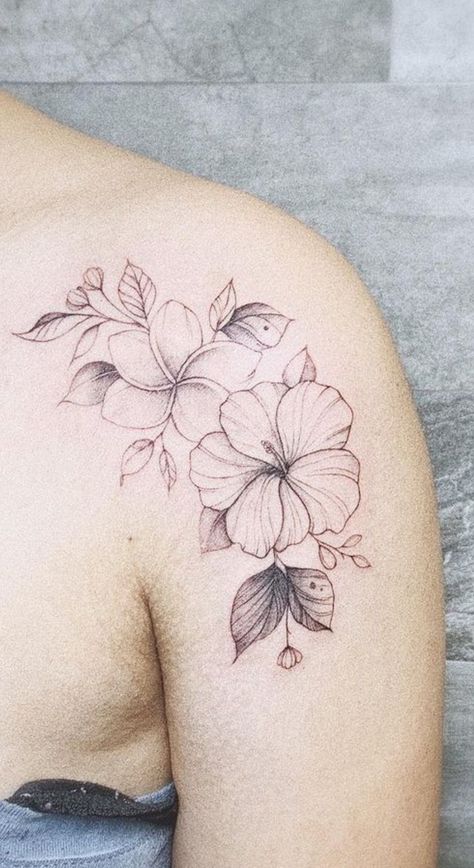 Hawaii Flower Tattoo Hibiscus, Hibiscus Shoulder Tattoo, Fine Line Hibiscus Tattoo, Vacation Tattoos, Hawaii Flower Tattoos, Hibiscus Tattoos, Frangipani Tattoo, Belly Button Tattoo, Plumeria Tattoo