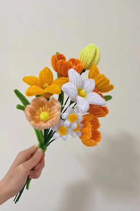 Orange mixed bouquet with poppy, tulip, lily, and daisy Honoring Loved Ones, Ribbon Flowers Bouquet, Mixed Bouquet, Poppy Bouquet, Diy Bouquet Wrap, Pipe Cleaner Flowers, Girls Birthday Party Decorations, Flower Bouquet Diy, Pipe Cleaner Crafts