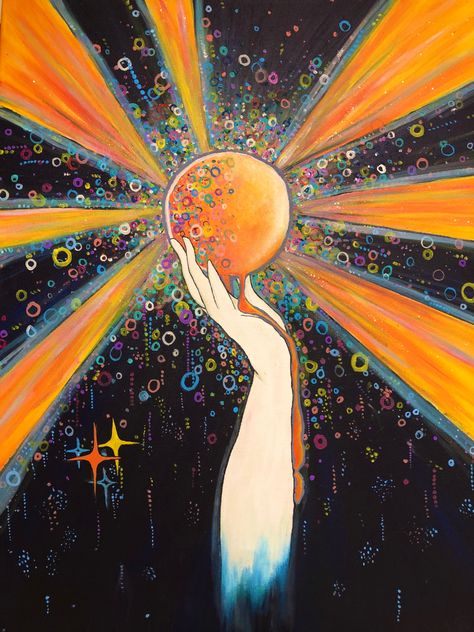 Purple And Orange Painting Ideas, Radiate Beta Theme, Orange Moon Painting, Beta Club, Spark Art, Light Bulb Art, Sun Drawing, Perfume Art, Sun Painting