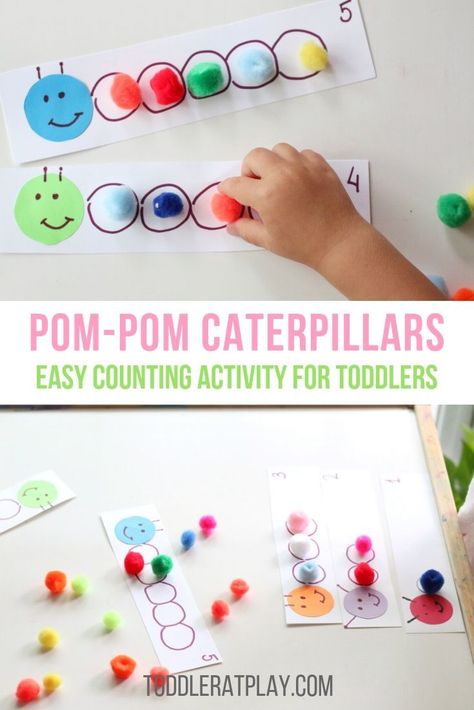 This Pom-Pom Caterpillar is a super fun and exciting counting activity for toddlers and preschoolers!  Easy to make, requiring only minimal materials. The Pom-Pom Caterpillars with help the very little ones see the numbers and count by placing the pom-poms over the empty spots on the caterpillar. Super simple, yet very affective at allowing the kids to remember each number and visually see their count. #countingactivity #toddleractivity #countingfun #caterpillaractivity #pompoms Caterpillar Counting, Math Activities For Toddlers, Nanny Activities, Counting Activities Preschool, Toddler Math, Numeracy Activities, Activity For Toddlers, Counting Activity, Easy Toddler Activities