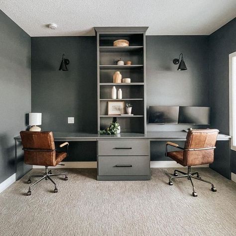 2 Desk Home Office, Shared Office Space Ideas, Moody Office, Home Office Layouts, Home Office Built Ins, Home Office/guest Room, Basement Office, Office Built Ins, Shared Office Space