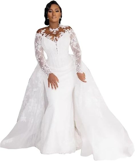 Amazon.com: Women's Lace Mermaid Wedding Dresses for Bride Plus Size Illusion Bridal Long Sleeve Ball Gowns Detachable Train : Clothing, Shoes & Jewelry Bride Plus Size, Lace Mermaid Wedding Dresses, Detachable Train Wedding Dress, Dresses For Bride, Long Sleeve Ball Gowns, Detachable Train, Mermaid Wedding Dresses, Lace Mermaid, Illusion Dress