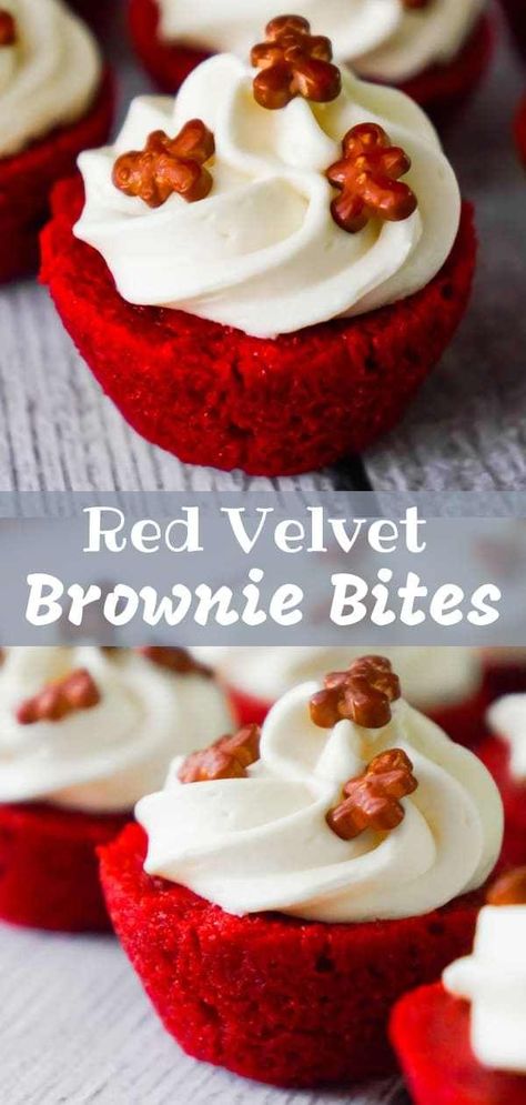 Red Velvet Brownie Bites are delicious mini desserts perfect for the holidays. These bite sized brownies are baked in mini muffin tins and topped with cream cheese frosting. Mini Dessert Recipes, Red Velvet Brownies, Bite Size Cookies, Jaffa Cake, Homemade Snickers, Dessert Bites, Muffin Tin Recipes, Bite Size Desserts, Brownie Bites