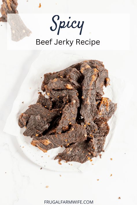 Spicy Beef Jerky Recipe - The Frugal Farm Wife Hot Beef Jerky Recipe, Spicy Beef Jerky Recipe, Jerky Marinade Recipes, Spicy Beef Jerky, Deer Jerky Recipe, Oven Jerky, Venison Marinade, Allergy Free Baking, Jerky Marinade