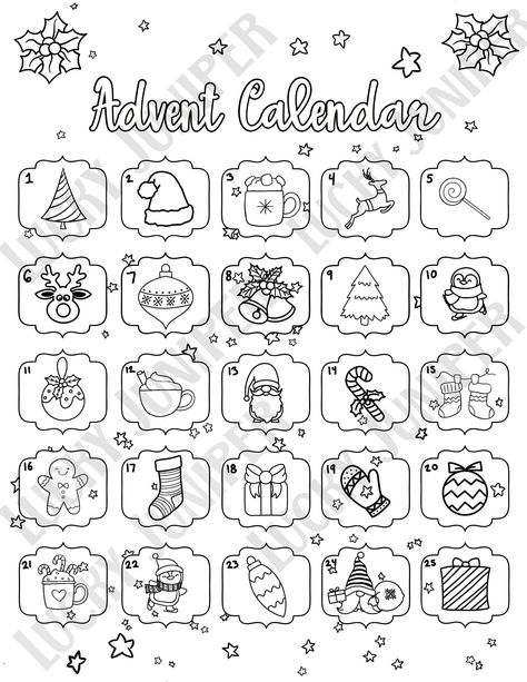 "One of the best parts of December is anticipating the days until Christmas! Print your own fun adult or kids holiday activity with a color your own Advent Calendar countdown to Christmas and date tracker! The printable coloring page features 25 fancy squares each with a holiday picture to color. Each is numbered, so you can color one item each day until Christmas Day, when you'll have a full color piece of artwork. Coloring pages can either be printed and colored by hand, or used for digital co Christmas Calendar Drawing, Christmas Calendar Ideas For Kids, Coloring Advent Calendar, Free Printable Christmas Crafts For Kids, Advent Calendar Drawing, Christmas Kalender, Calendar Drawing Ideas, Picture Advent Calendar, Paper Advent Calendar