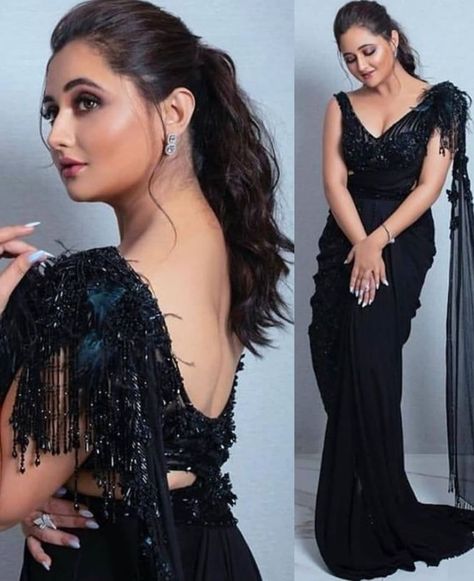 Pony With Saree, Indowestern Hairstyle, Black Saree Hairstyle, Black Saree Outfit, Indowestern Saree, Rashmi Desai, Net Saree Blouse, Black Sarees, Saree Outfit