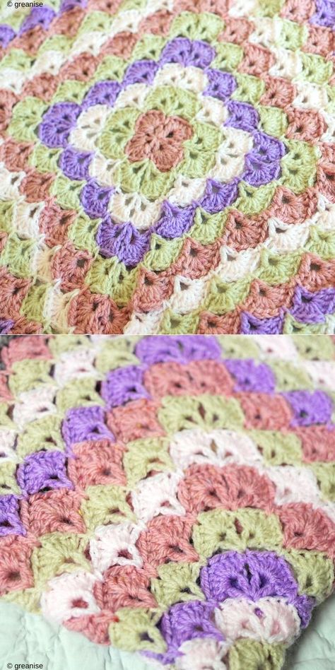 Beautiful Shell Blanket Free Crochet Pattern. It's really amazing how the purple, green and pale pink work together, because they create a stained glass effect, that will beautifully embellish your home decor. In conclusion, it's an easy pattern, that you'll absolutely love!  #freecrochetpattern #baby #blanket Large Shell Crochet Stitch, Crazy Rooms, Crochet Shell Blanket, Crochet Amiguri, Crochet Blanket Stitch Pattern, Crochet Blanket Tutorial, Baby Afghan Crochet Patterns, Beautiful Shells, Crochet Shell