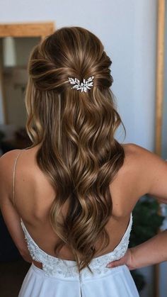 Simple Hair For Formal Event, Prom Hairdos Half Up Half Down, Half Up Half Down Wedding Hair Medium Length Bridesmaid, Brides Maids Hairstyle Long Hair, Bridesmaid Hairstyles Half Up, Simple Bridesmaid Hair Half Up, Half Up Half Down Formal Hairstyles, Bridal Hair Half Up Brunette, Half Up Half Down Wedding Hair Brunette